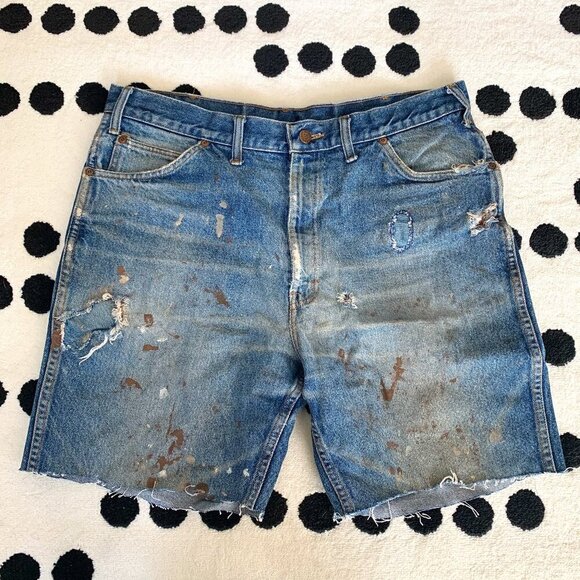 Vintage Distressed Paint Splattered Jorts Marks Work Warehouse Jean Shorts - Picture 1 of 11